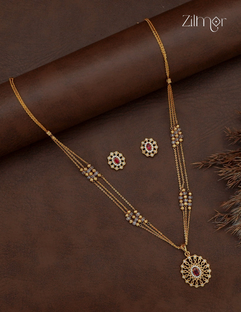 18K Gold Plated AD Stone Pendant with Beaded Layer Necklace Earring Set - AI1013012