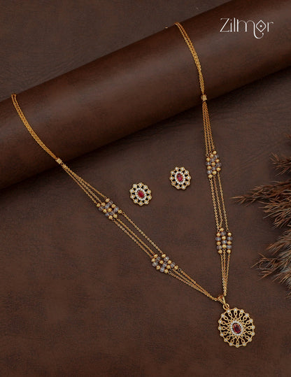 18K Gold Plated AD Stone Pendant with Beaded Layer Necklace Earring Set - AI1013012