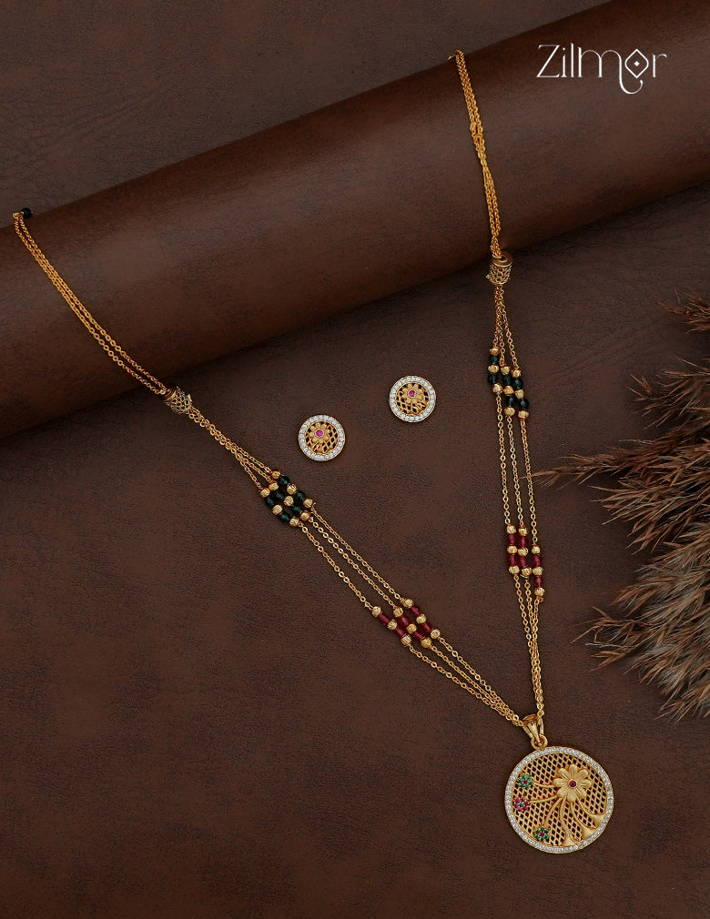 18K Gold Plated AD Stone Pendant with Beaded Layer Necklace Earring Set - AI1013014