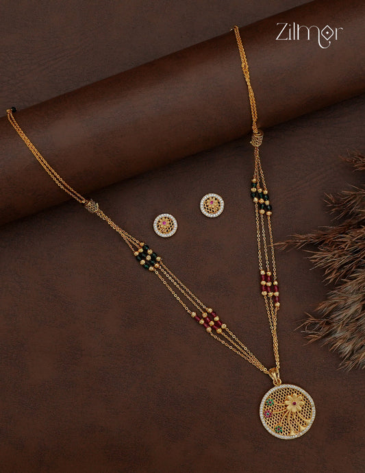 18K Gold Plated AD Stone Pendant with Beaded Layer Necklace Earring Set - AI1013014