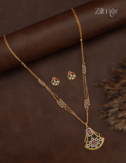 18K Gold Plated AD Stone Pendant with Beaded Layer Necklace Earring Set - AI1013018