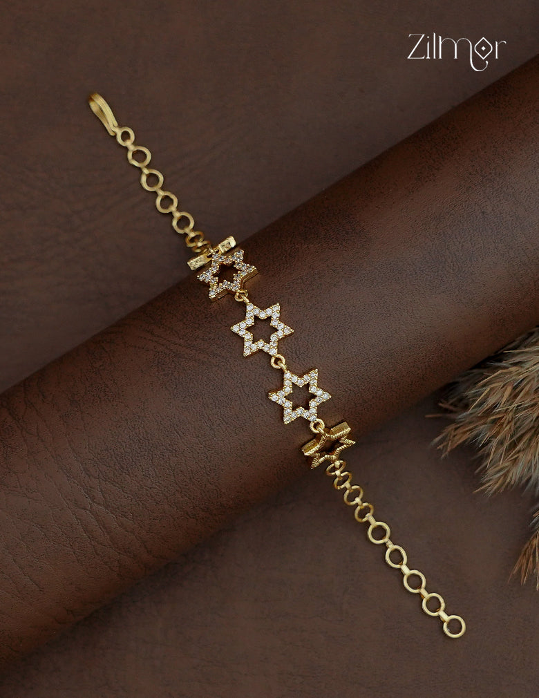 Zilmor 18K gold plated AD stone bracelet with three sparkling open stars and two textured gold-tone stars