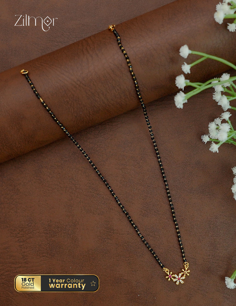 18K Gold Plated AD Stone Triple Floral Pendant Mangalsutra Necklace - AG1012559