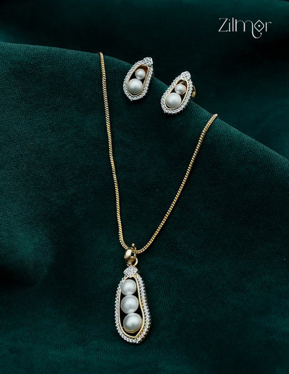 18K Gold Plated AD Stone with Pearl Pendant Chain Necklace & Earring Set  - AH1012913