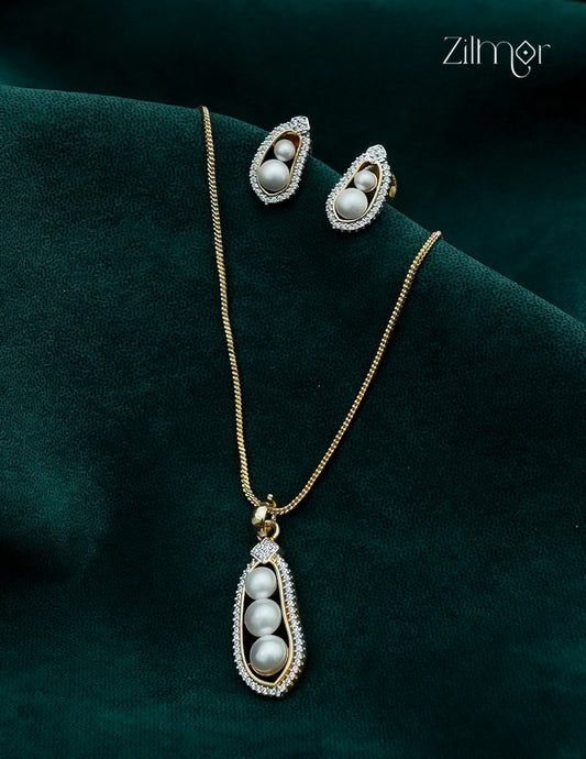 18K Gold Plated AD Stone with Pearl Pendant Chain Necklace & Earring Set  - AH1012913
