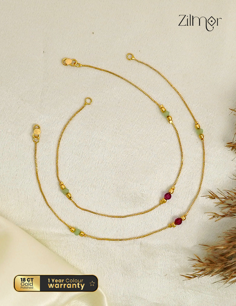 18K Gold Plated Bead & Ball Station Anklet Pair - PE1012632