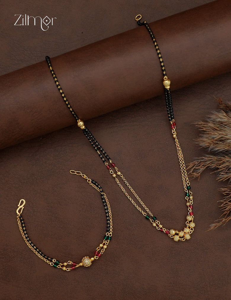 18K gold plated layered black bead mangalsutra necklace and matching bracelet with red and green accents