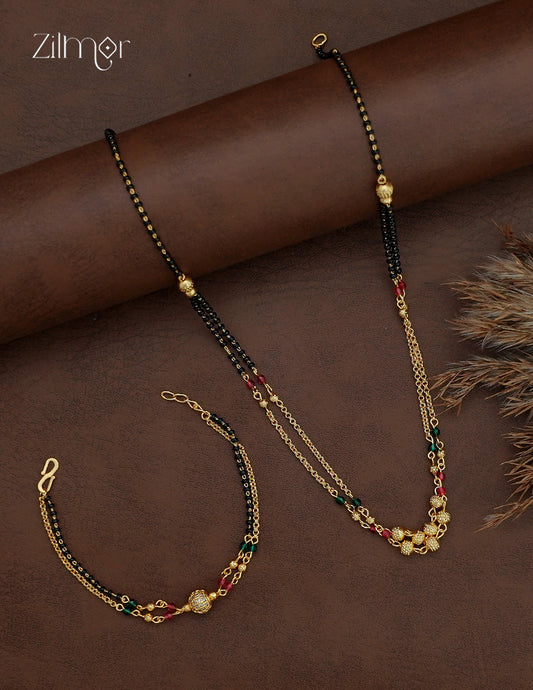 18K gold plated layered black bead mangalsutra necklace and matching bracelet with red and green accents