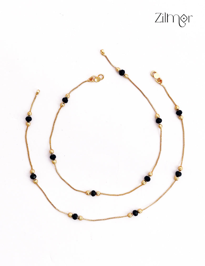 18K Gold Plated Black Bead & Ball Pair Anklet - KT1012563