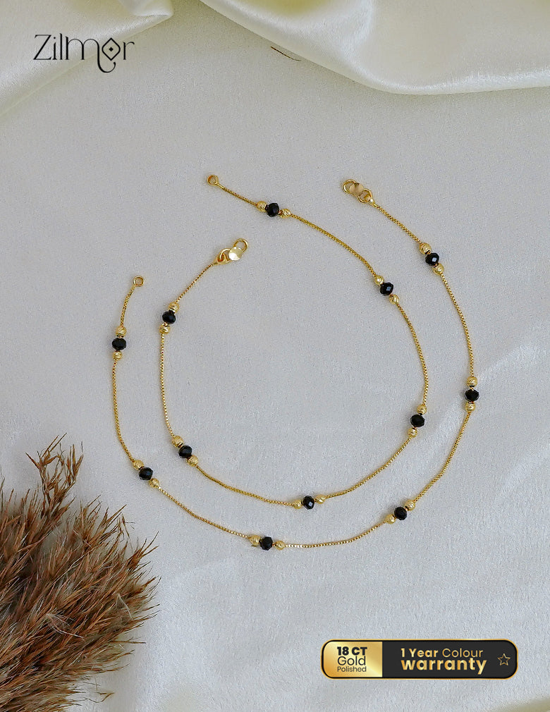 18K Gold Plated Black Bead & Ball Pair Anklet - KT1012563
