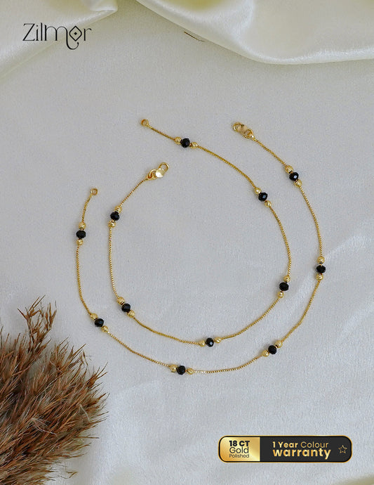 18K Gold Plated Black Bead & Ball Pair Anklet - KT1012563