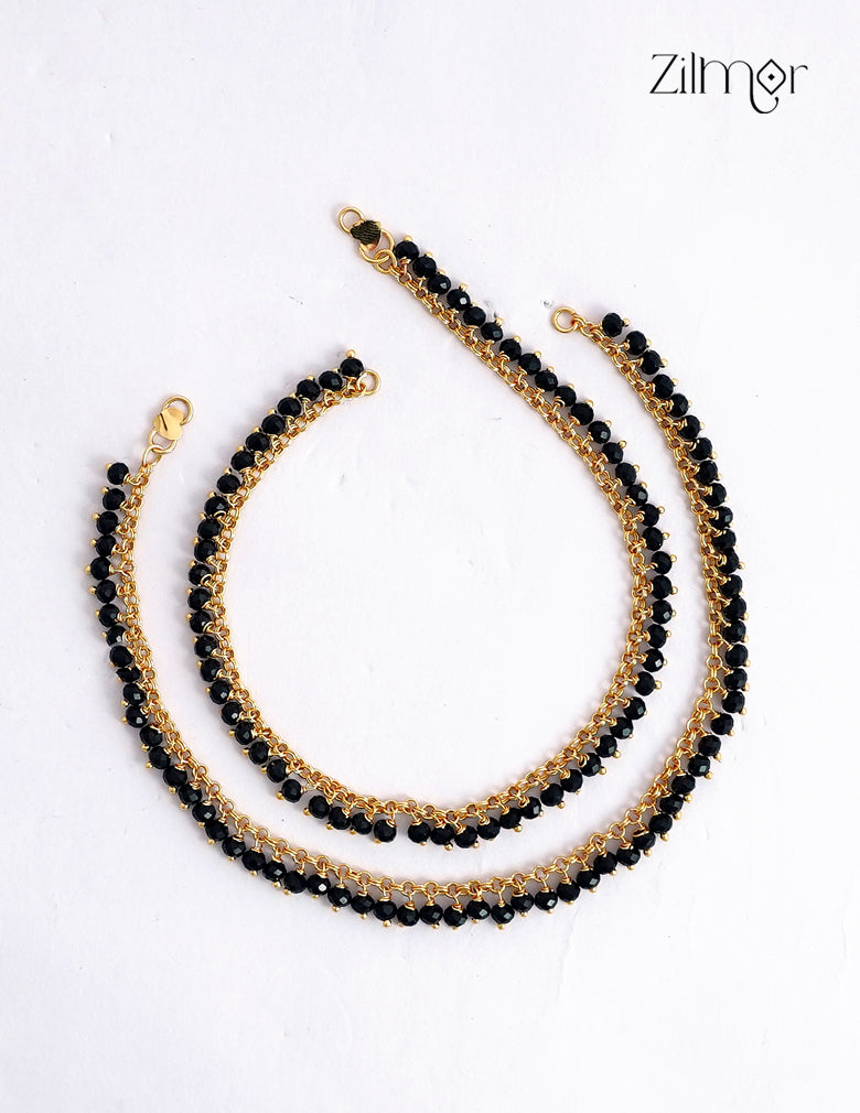 18K Gold Plated Black Crystal Bead Pair Anklet - AG1012562