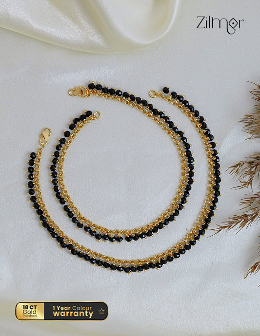 18K Gold Plated Black Crystal Bead Pair Anklet - AG1012562