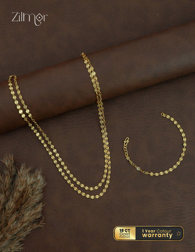 18K Gold Plated Coin Disc Chain Necklace & Bracelet Combo Set - KT1012453