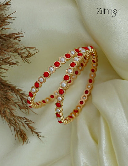 18K Gold Plated Coral & Pearl Bangle Pair - SG1012530