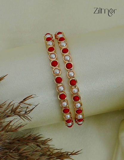 18K Gold Plated Coral & Pearl Bangle Pair - SG1012530