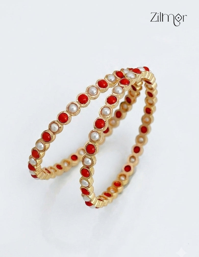 18K Gold Plated Coral & Pearl Bangle Pair - SG1012530