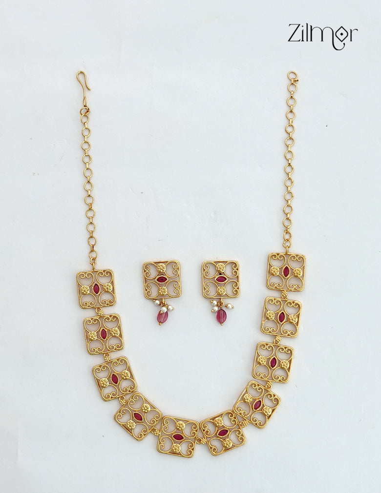 18K Gold Plated Filigree Square Bridal Choker Necklace Set - ZS1012682