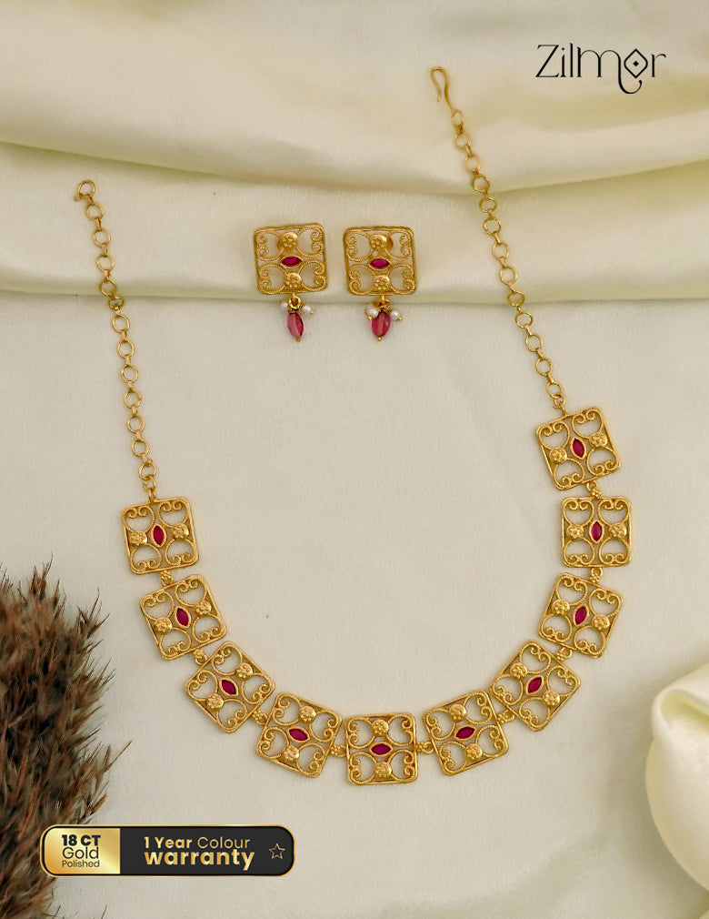 18K Gold Plated Filigree Square Bridal Choker Necklace Set - ZS1012682