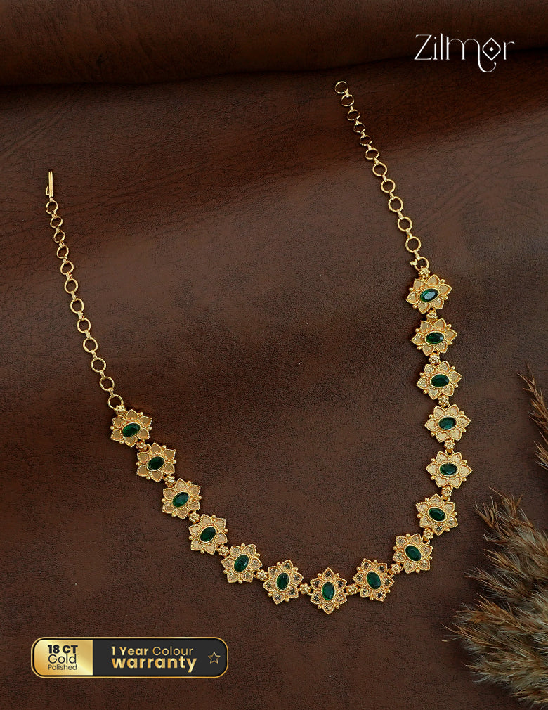 18K Gold Plated Floral Motif Kemp Stone Choker Necklace - ZS1012608