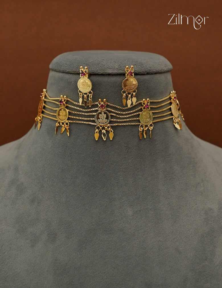 18K Gold Plated Kaashu Lakshmi Coin Elakkathali Choker Necklace Set with Earrings- KY1012641