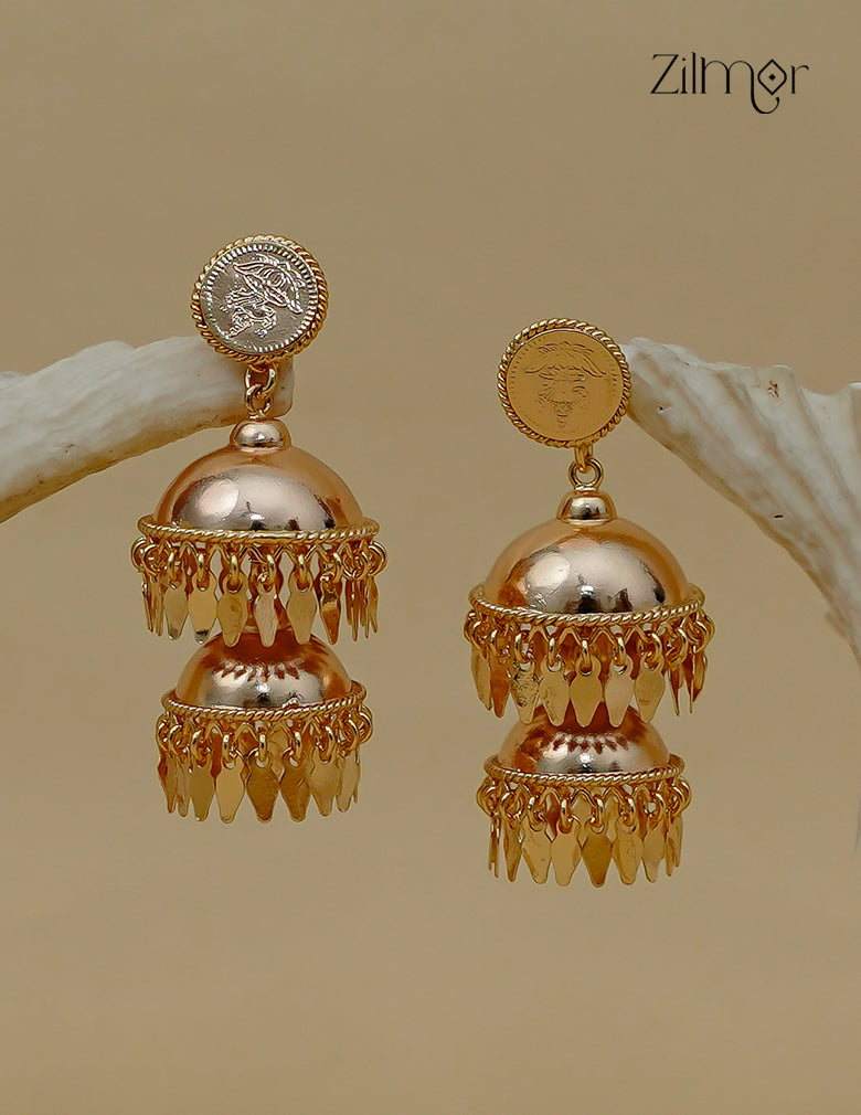 18K gold plated Kaashu Lakshmi coin jhumka earrings with two dome tiers and Elakkathali-style leaf danglers