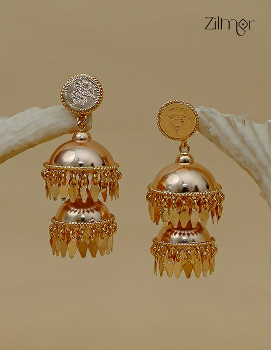 18K gold plated Kaashu Lakshmi coin jhumka earrings with two dome tiers and Elakkathali-style leaf danglers