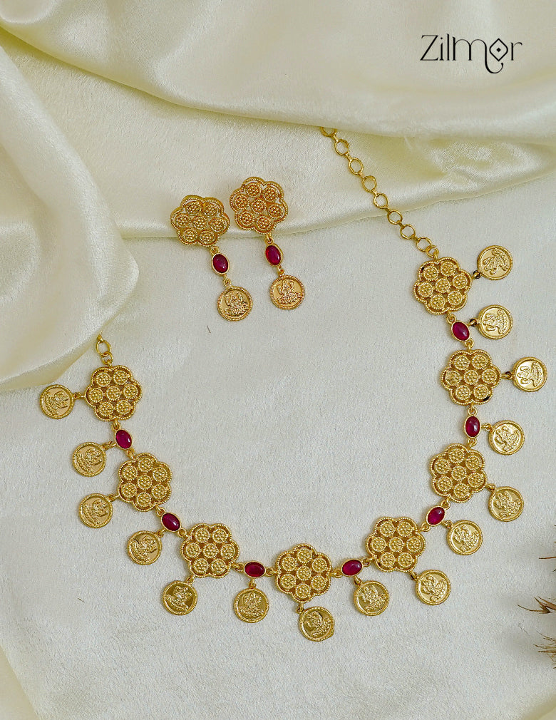 18K Gold Plated Lakshmi Coin Kaashu Bridal Choker Necklace Set with Earrings - ZS1012687