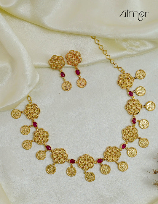 18K Gold Plated Lakshmi Coin Kaashu Bridal Choker Necklace Set with Earrings - ZS1012687