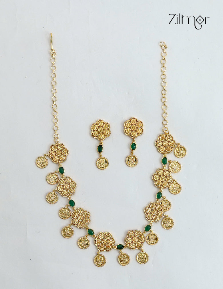 18K Gold Plated Lakshmi Coin Kaashu Bridal Choker Necklace Set with Earrings - ZS1012687