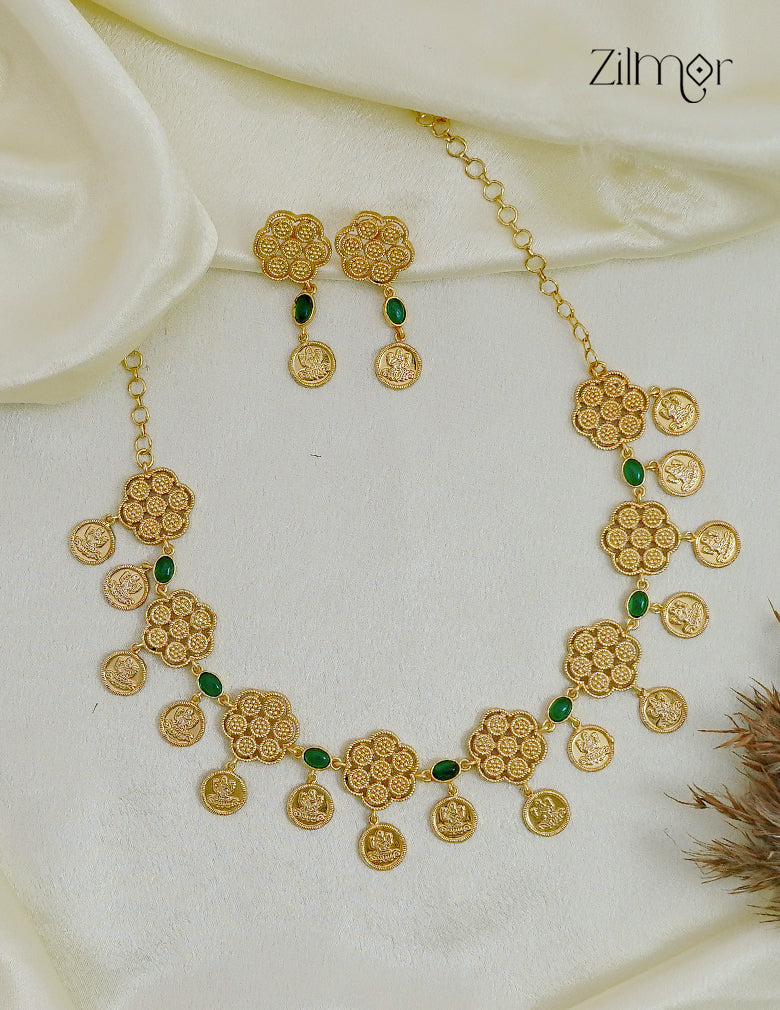 18K Gold Plated Lakshmi Coin Kaashu Bridal Choker Necklace Set with Earrings - ZS1012687