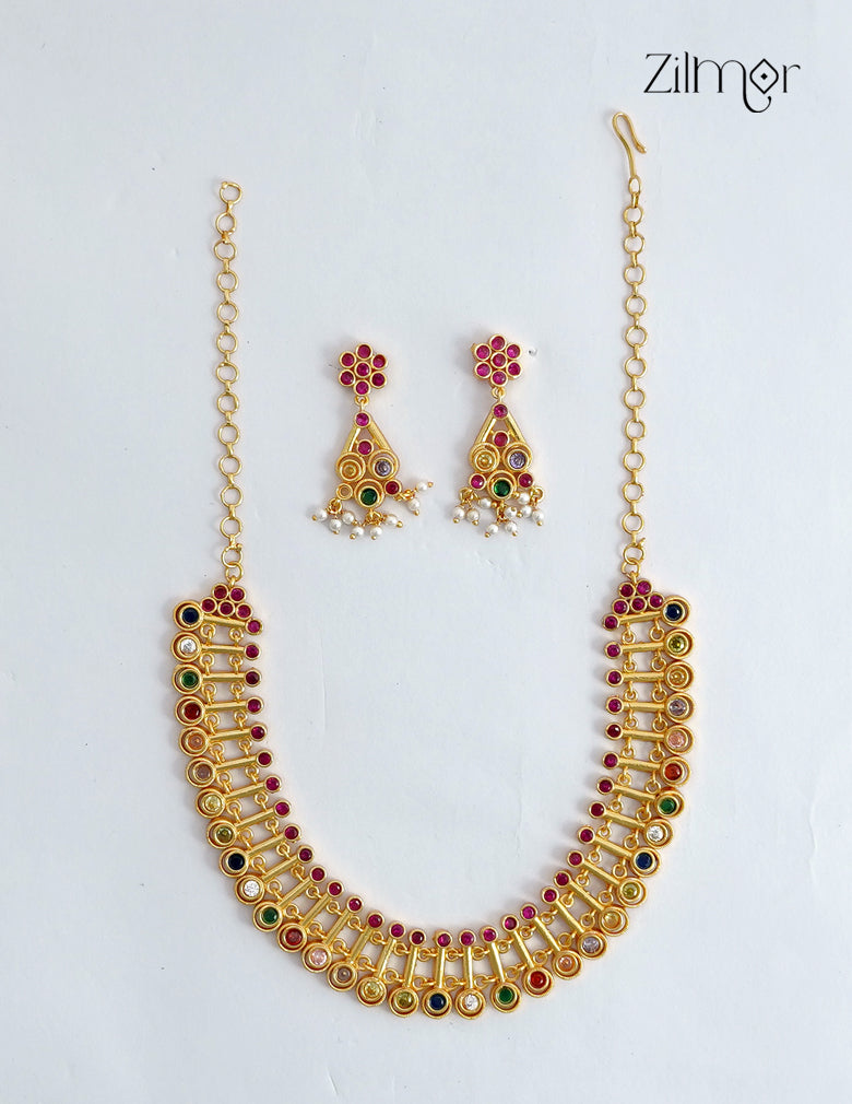 18K Gold Plated Navaratna Bridal Choker Necklace Set with Earrings - ZS1012548
