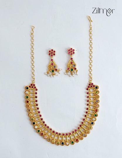 18K Gold Plated Navaratna Bridal Choker Necklace Set with Earrings - ZS1012548