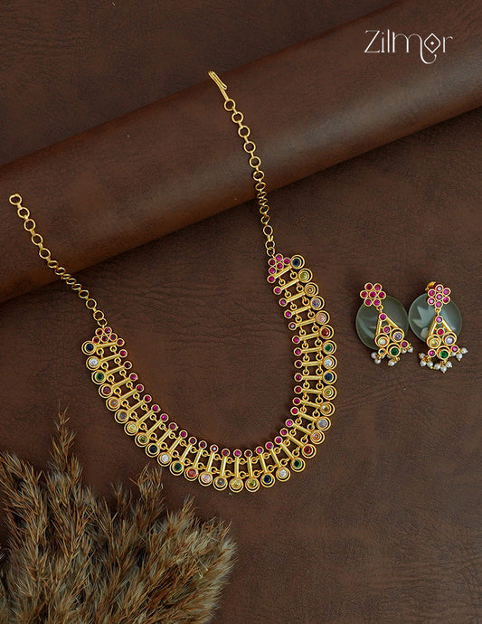 18K Gold Plated Navaratna Bridal Choker Necklace Set with Earrings - ZS1012548