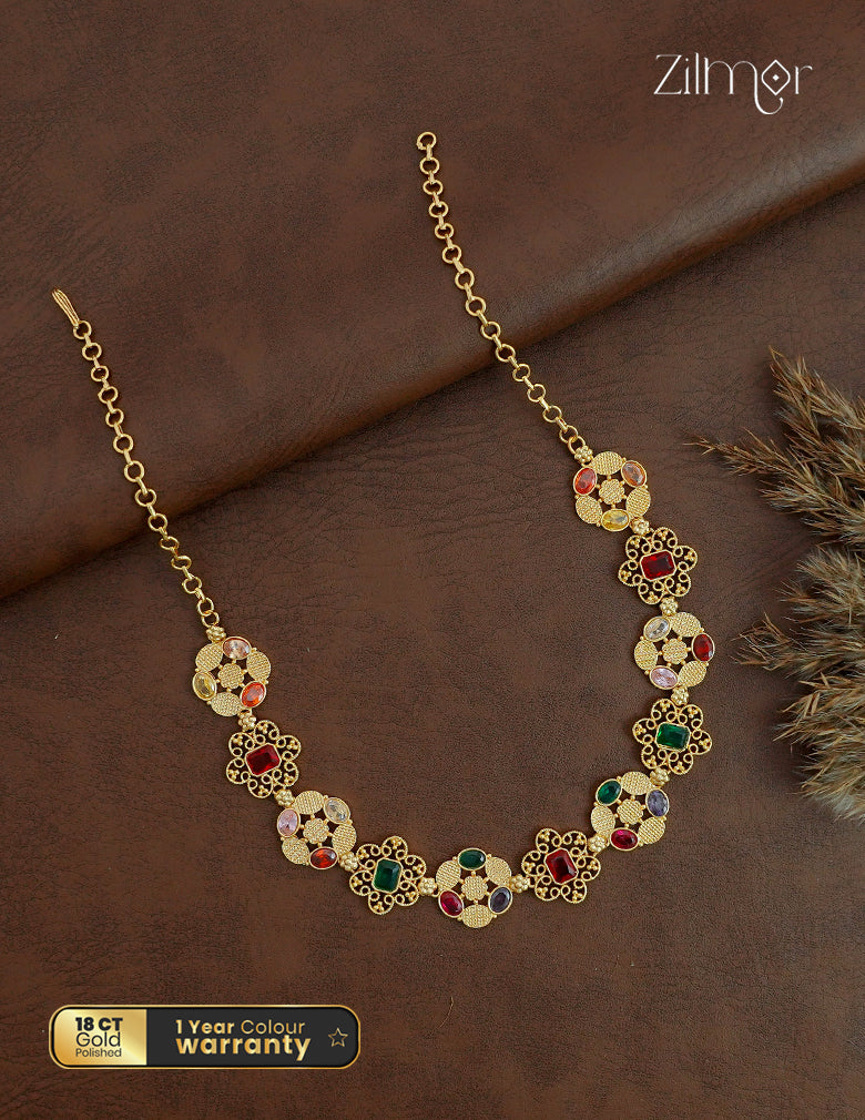 18K Gold Plated Navratna Bridal Choker Necklace Set - ZS1012479