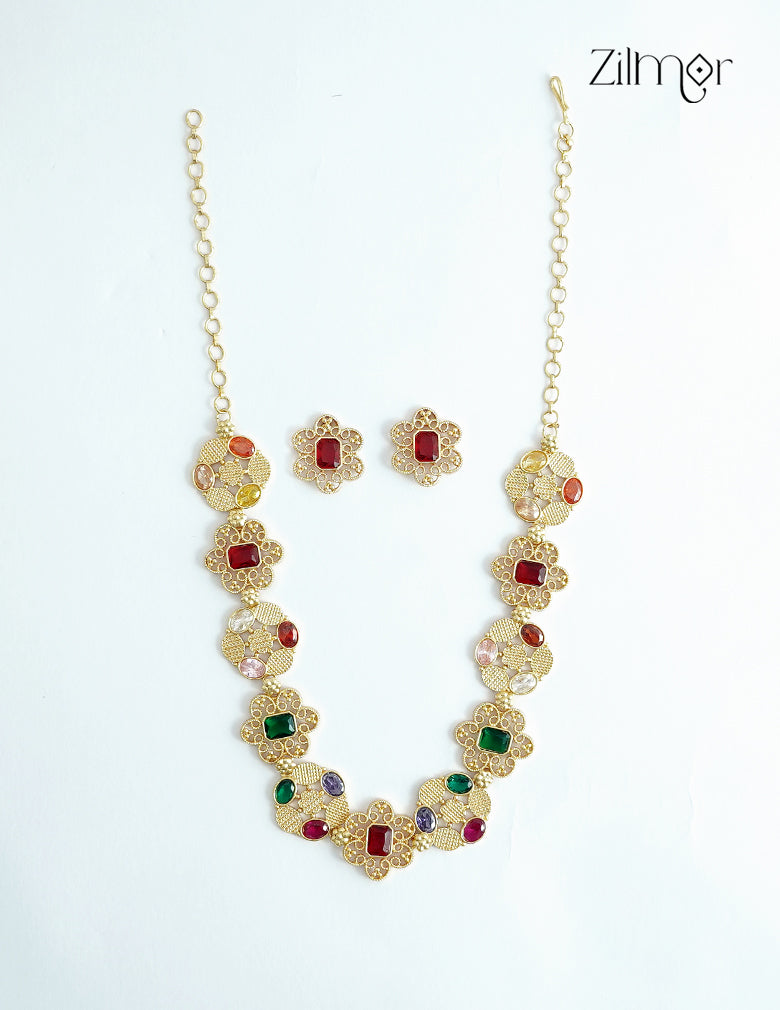 Zilmor 18K gold plated Navratna bridal choker necklace set with earrings on ivory silk fabric