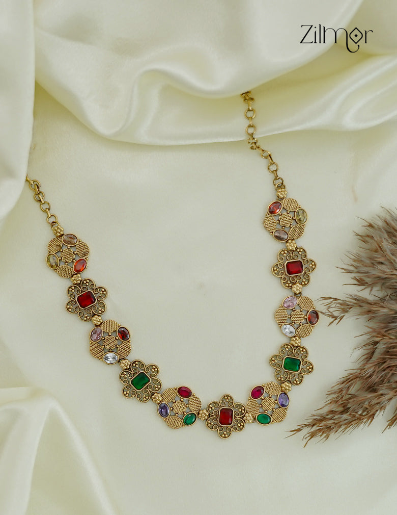 18K Gold Plated Navratna Bridal Choker Necklace Set - ZS1012479