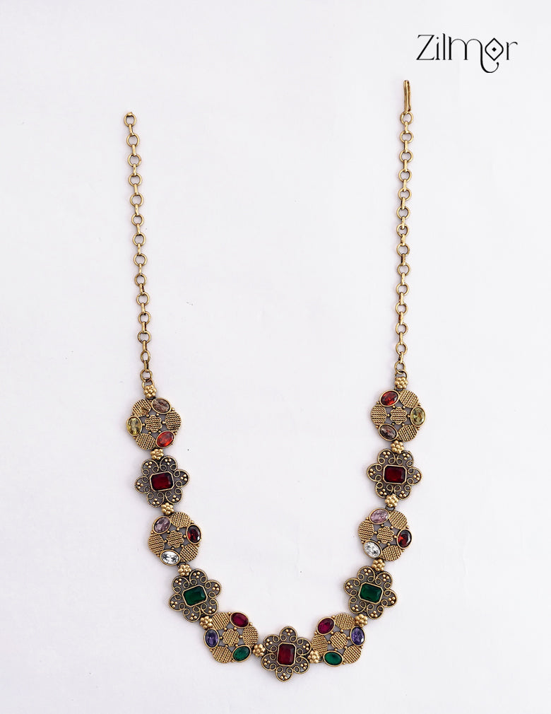 18K Gold Plated Navratna Bridal Choker Necklace Set - ZS1012479