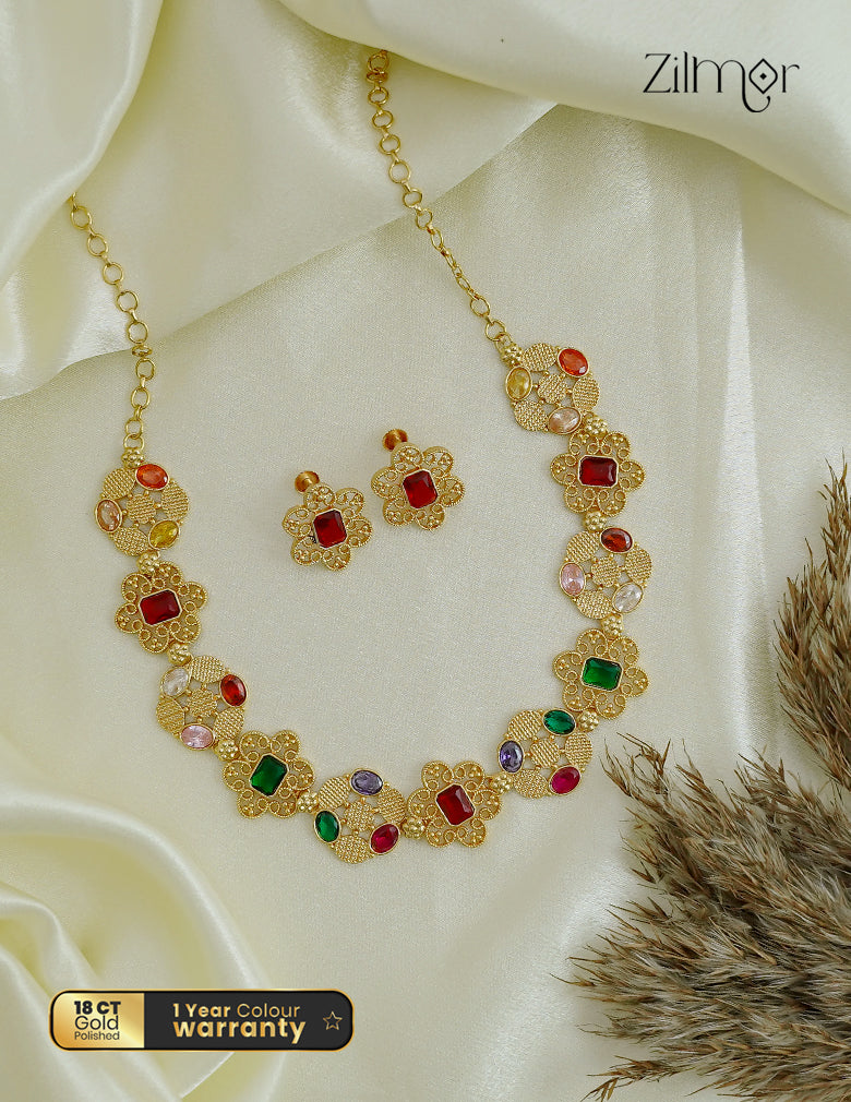 Zilmor Navratna choker necklace set full view on white background showing filigree detail