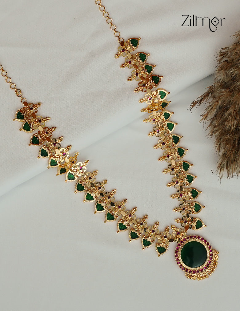 18K Gold Plated Palakka Long Haram Necklace with Round  Pendant