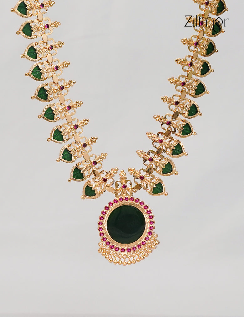 Gold necklace with green palakka stone  and ruby stones 