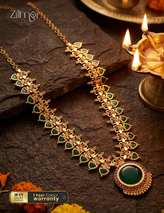 18K Gold Plated Palakka Long Haram Necklace with Pendant