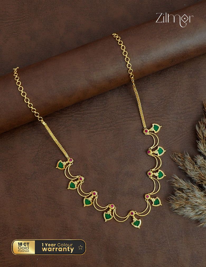18K Gold Plated Palakka Necklace on brown background with 1-year colour warranty badge – Zilmor