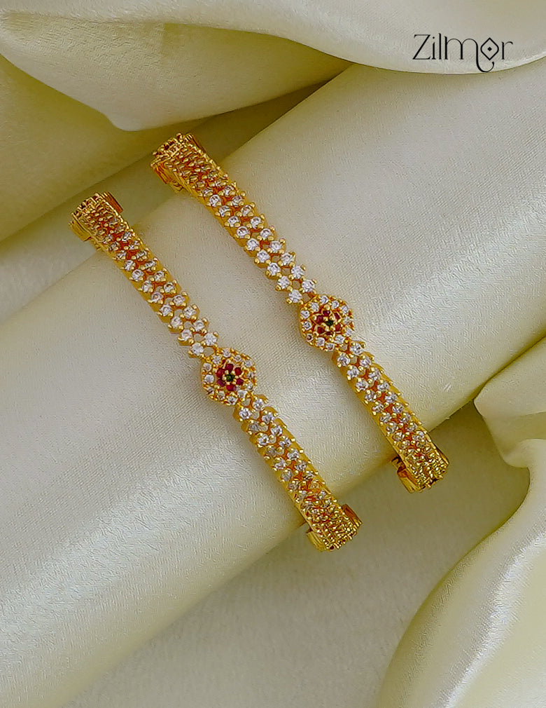 18K Gold Plated Ruby Red & White CZ Floral Stone Bangle Pair - KF101562