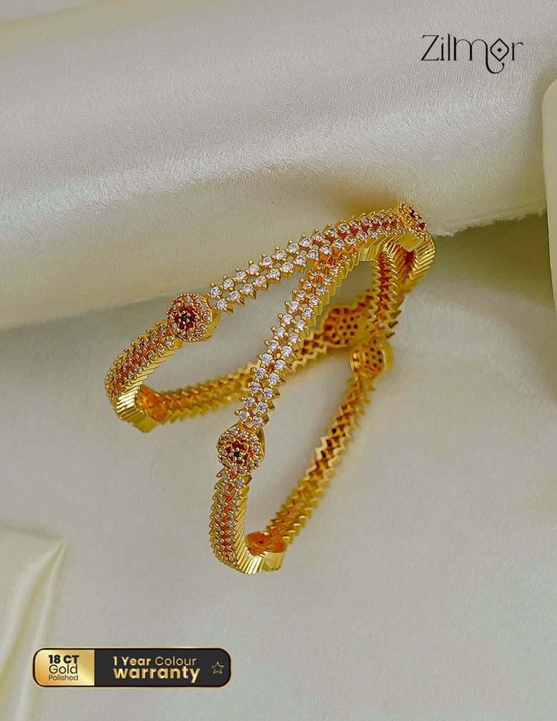 18K Gold Plated Ruby Red & White CZ Floral Stone Bangle Pair - KF101562