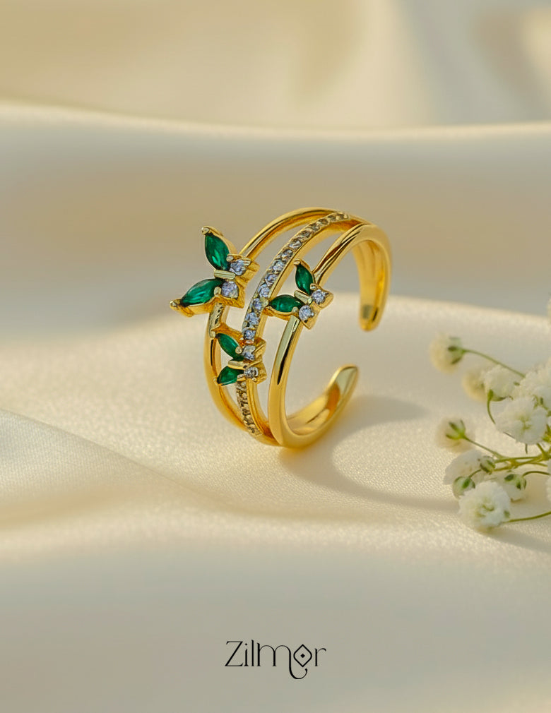 ZC1012052- Emerald Butterfly Adjustable Ring – 18K Gold Plated, Stainless Steel, Anti-Tarnish