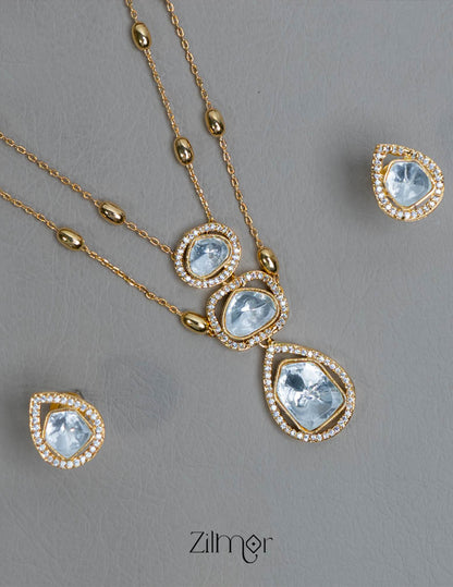 KH101958 - Moissanite Polki Stone Double Layer Necklace with Earrings 3-Zilmor