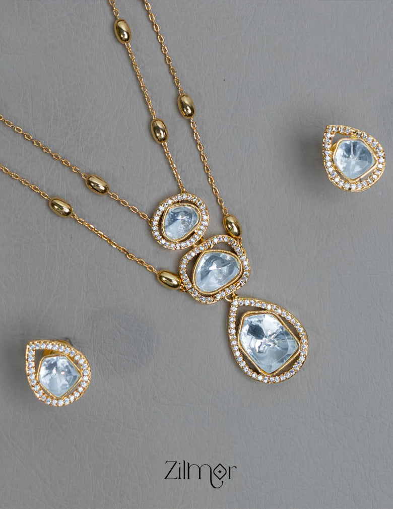 KH101958 - Moissanite Polki Stone Double Layer Necklace with Earrings 3-Zilmor