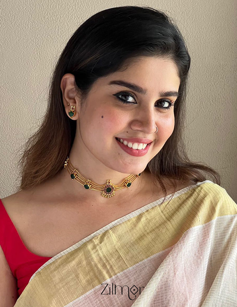 KO101646 - Gold Plated Palakka choker with matching Earring 4-Zilmor