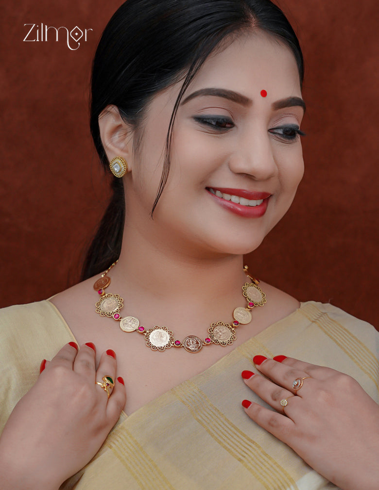 Gold Plated Kemp Stone with Antique Traditional Kaashu Lakshmi Necklace - ZS1012318